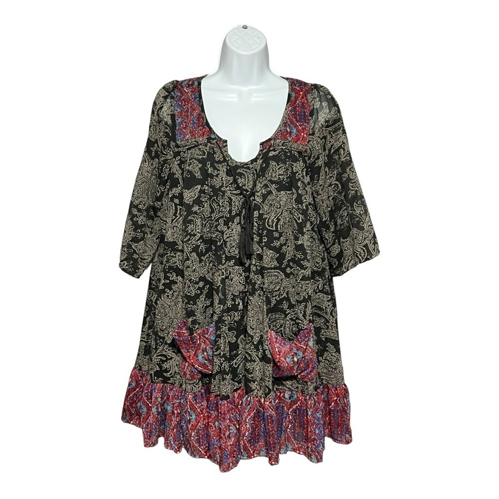 En Crème Ruffled Tiered Mixed Print Quarter Sleeve Tunic Dress Medium Red Black